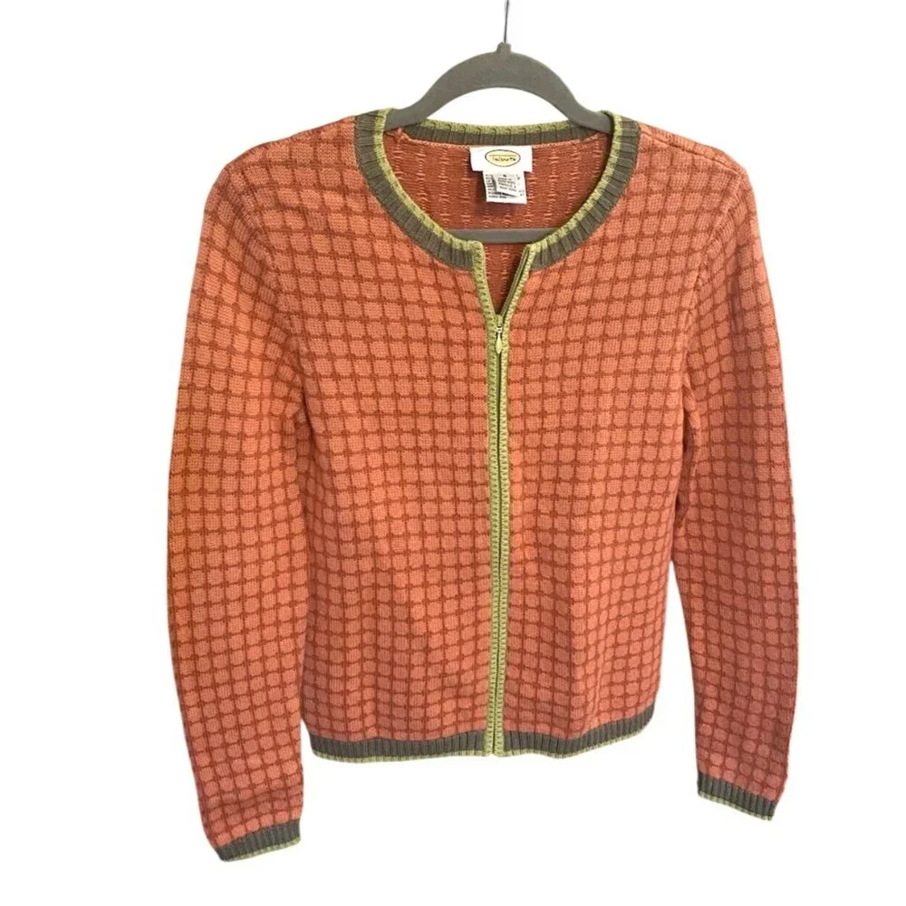 Talbots Womens Cardigan Sweater L Orange/Green Checkered Pattern Elbow patches - Picture 4 of 10